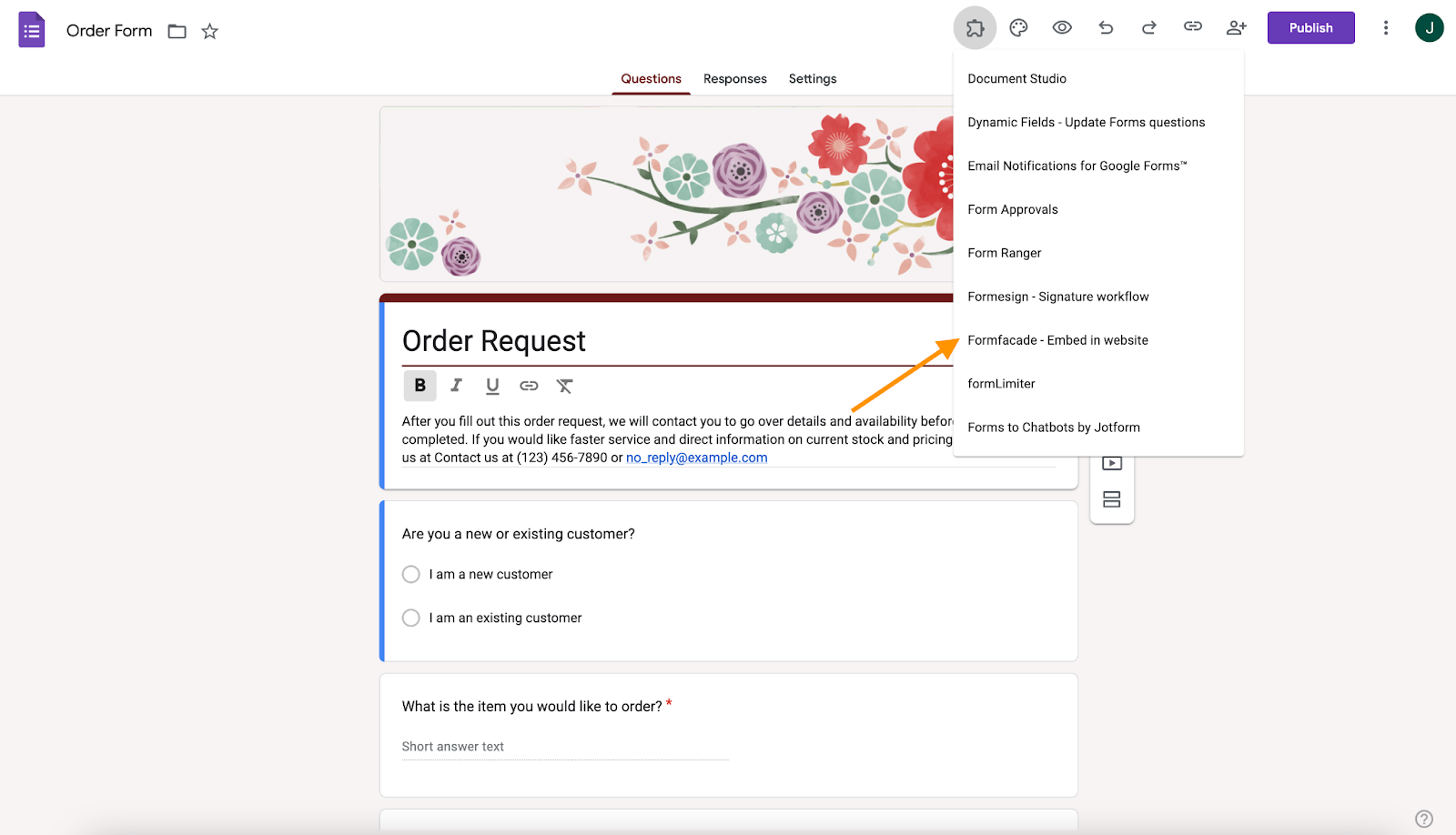 google forms order request form example showing formfacade extension button