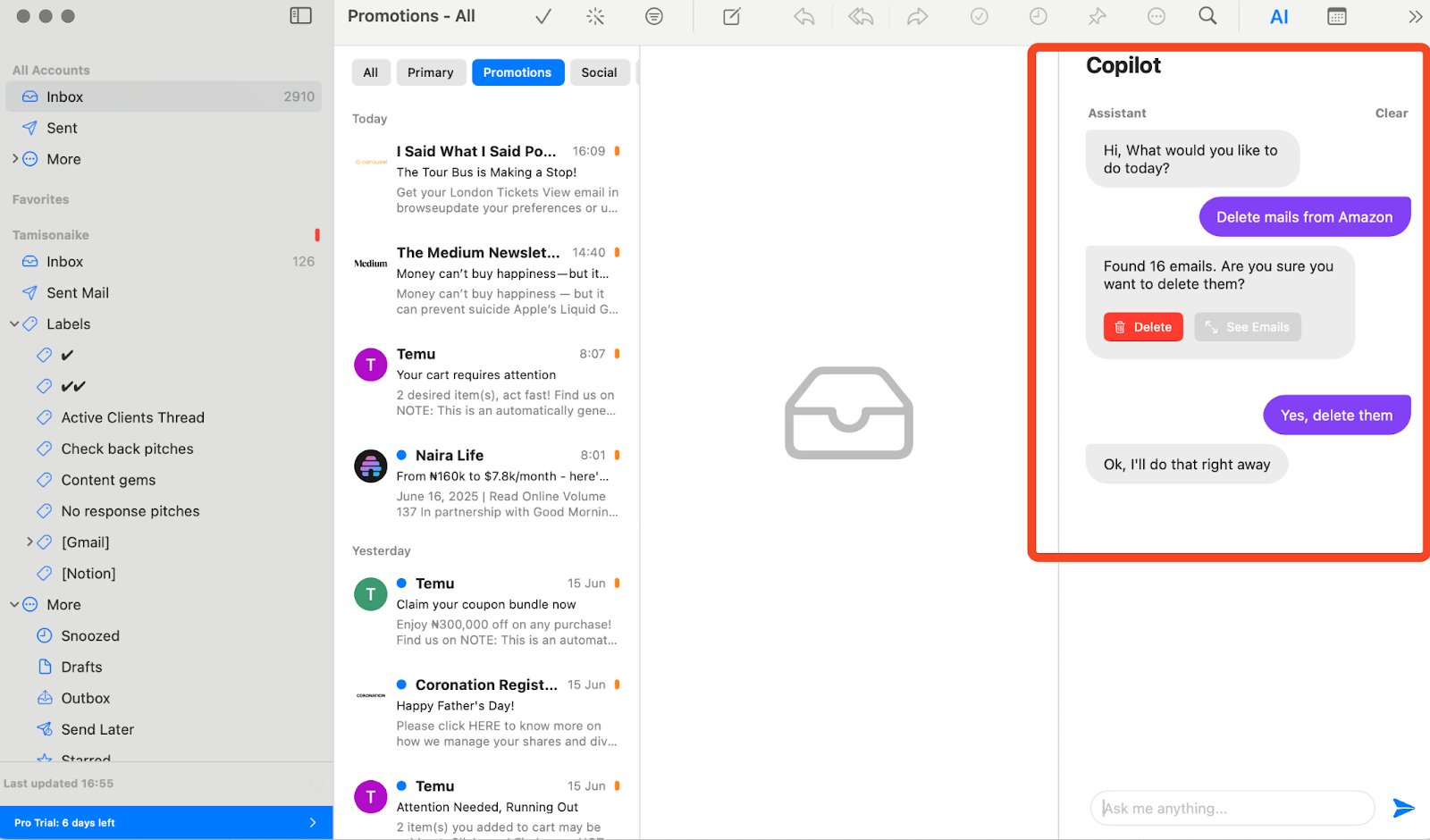 Canary Mail's Copilot auto-delete function