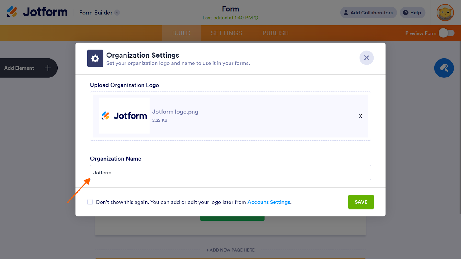 Screenshot of the Jotform form builder; arrow points to the "Organization Name" field, which has "Jotform" entered in it