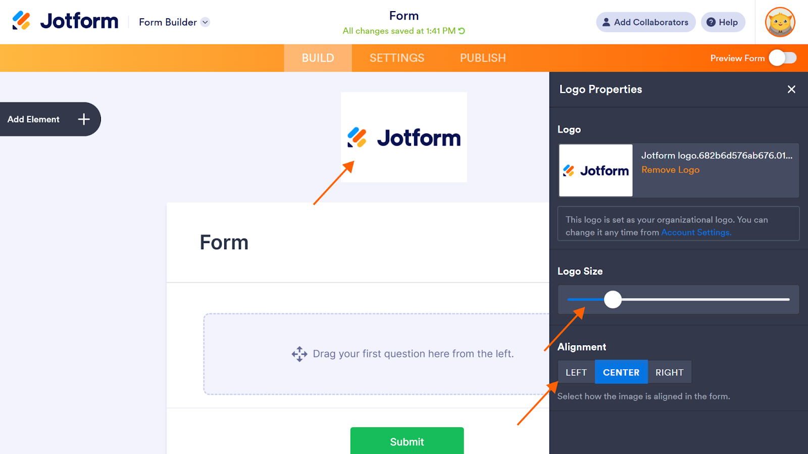 Screenshot of the Jotform form builder; arrows point to the header image, logo size adjuster, and logo alignment button options