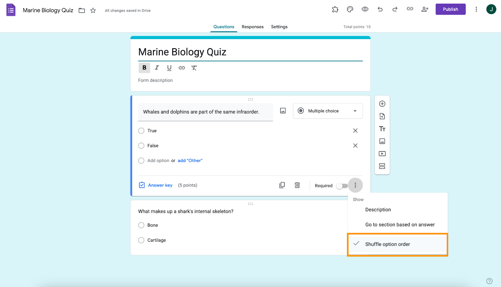 Google Forms field options shuffle button