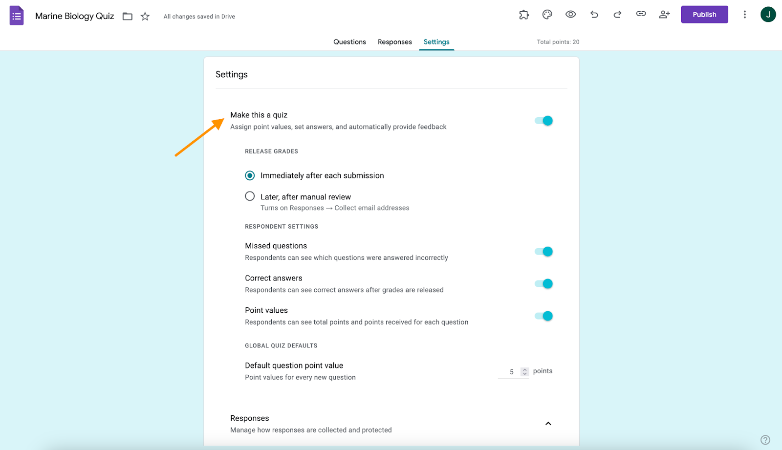 Google Forms Quiz Mode Setting