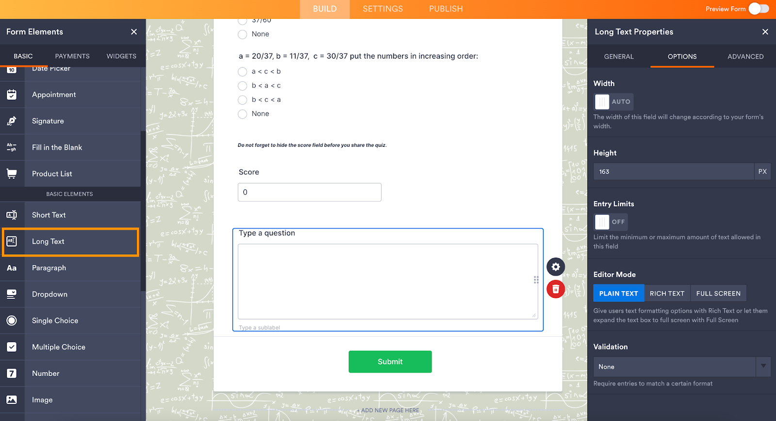 Form Builder Add Element Menu Long Text Field