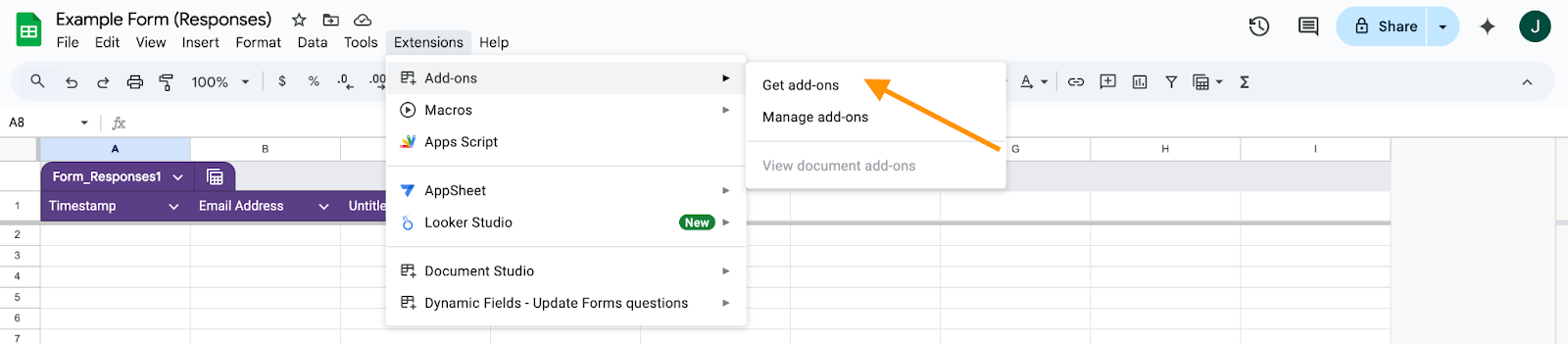 Google Forms Get Add-ons Button