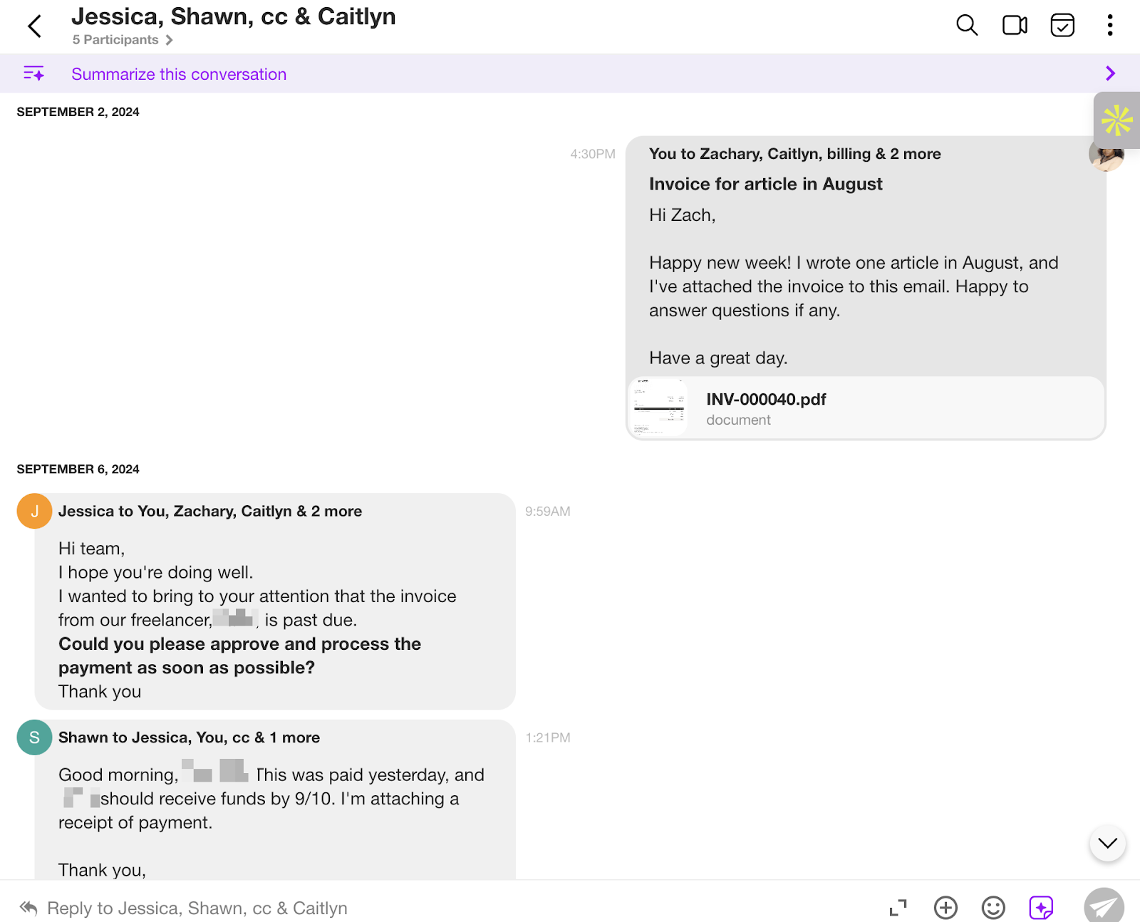 Spike email thread in chat style