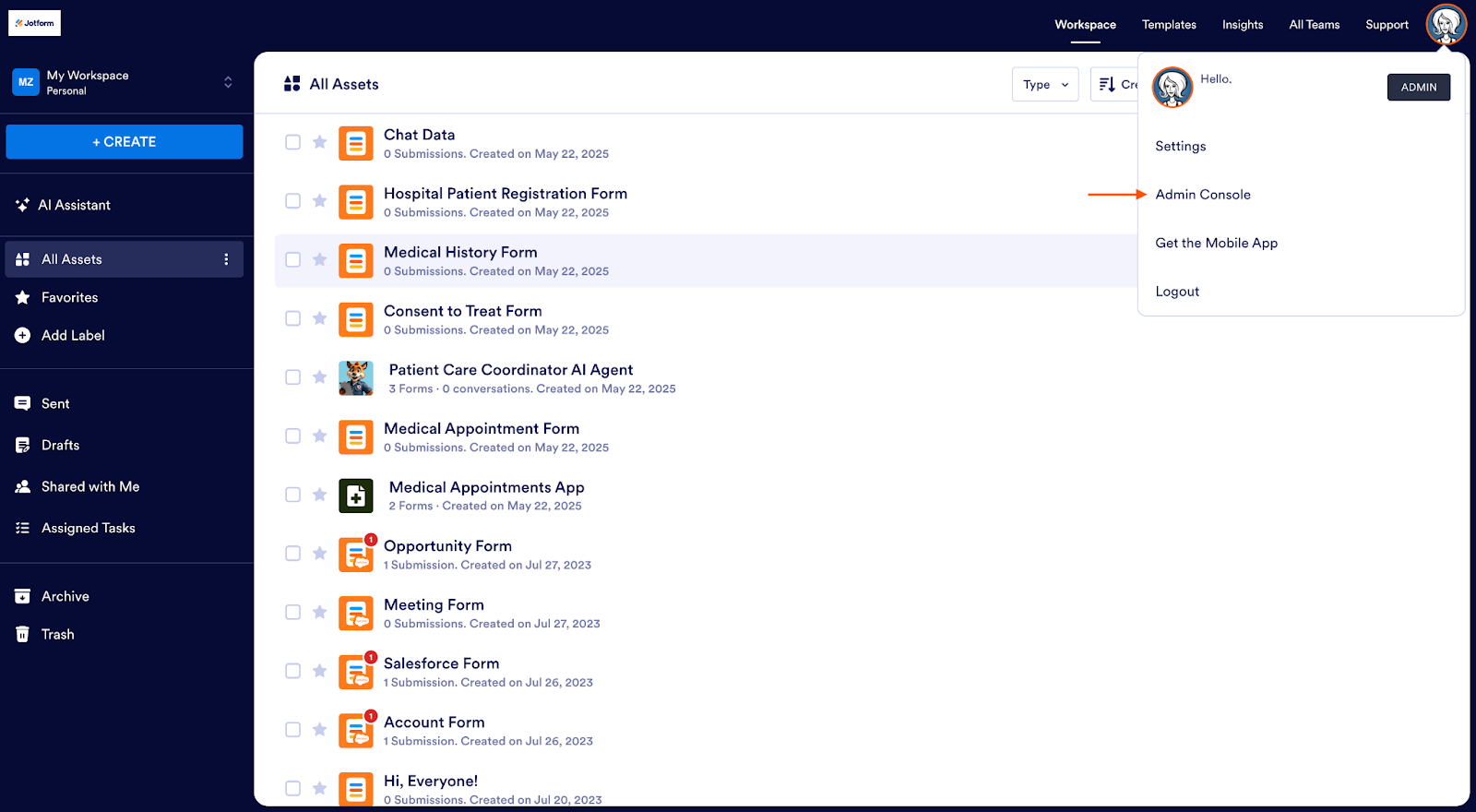 Clicking on the Admin Console in the dropdown menu on the My Workspace page