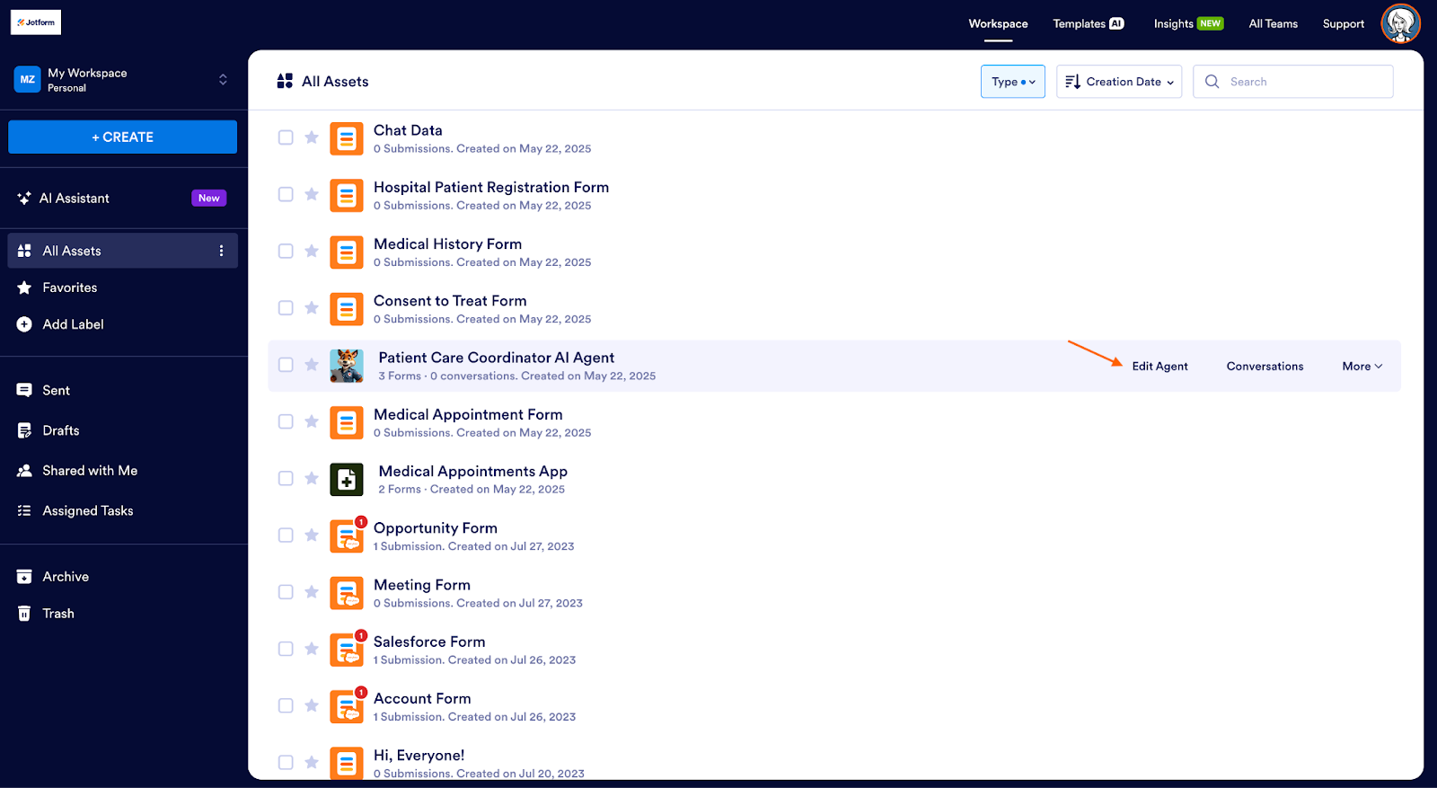 Clicking on the Edit Agent option to open the AI Agent on the Admin Console