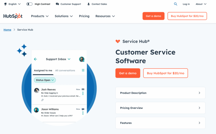 hubspot service hub customer service software product landing page
