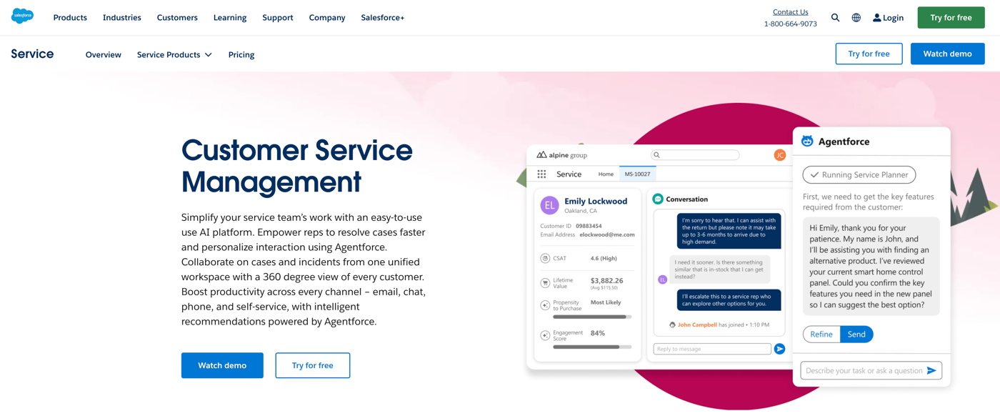 salesforce service cloud customer service management tool product page