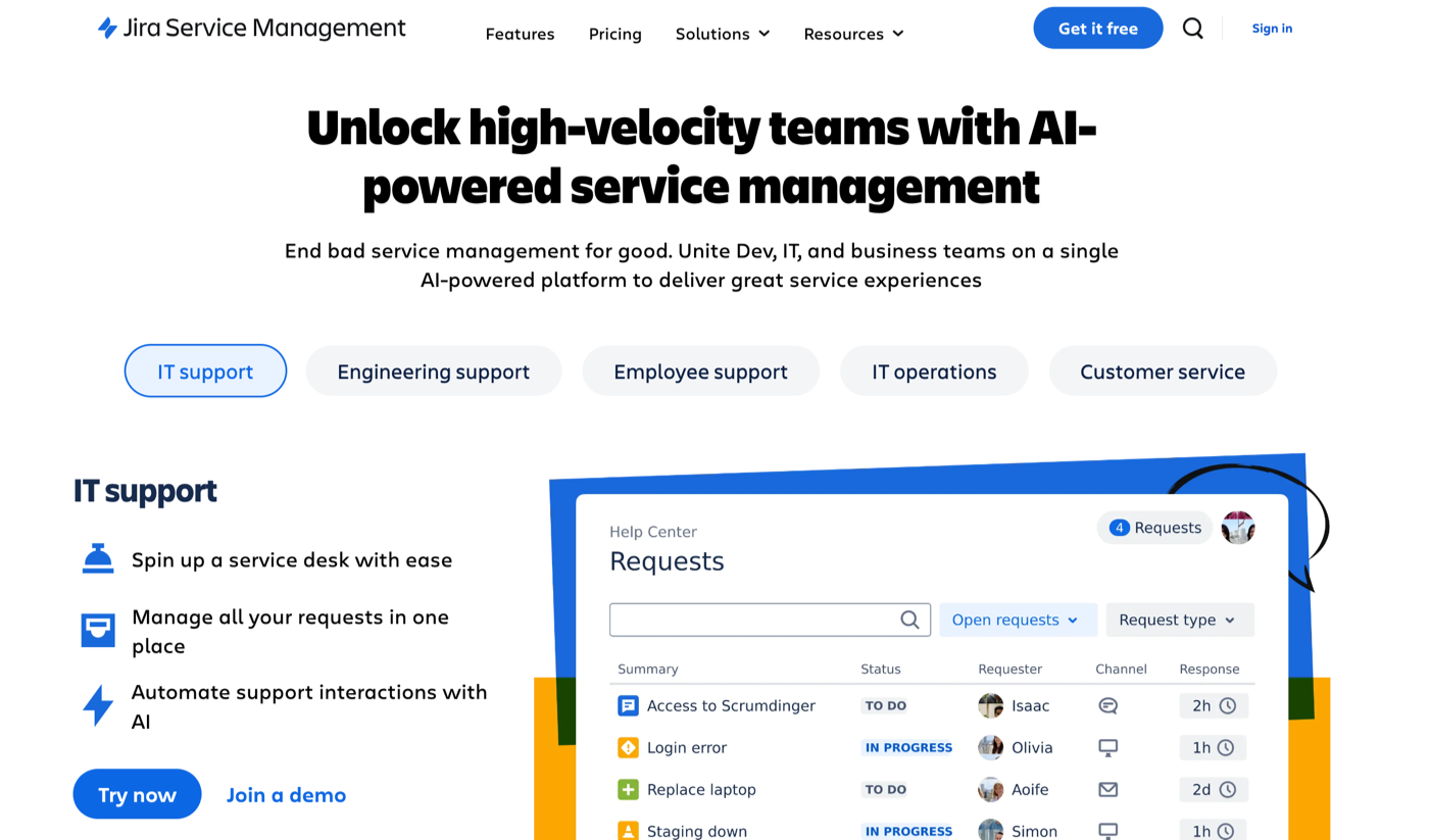 jira service management homepage with the words unlock high-velocity teams with AI-powered service management