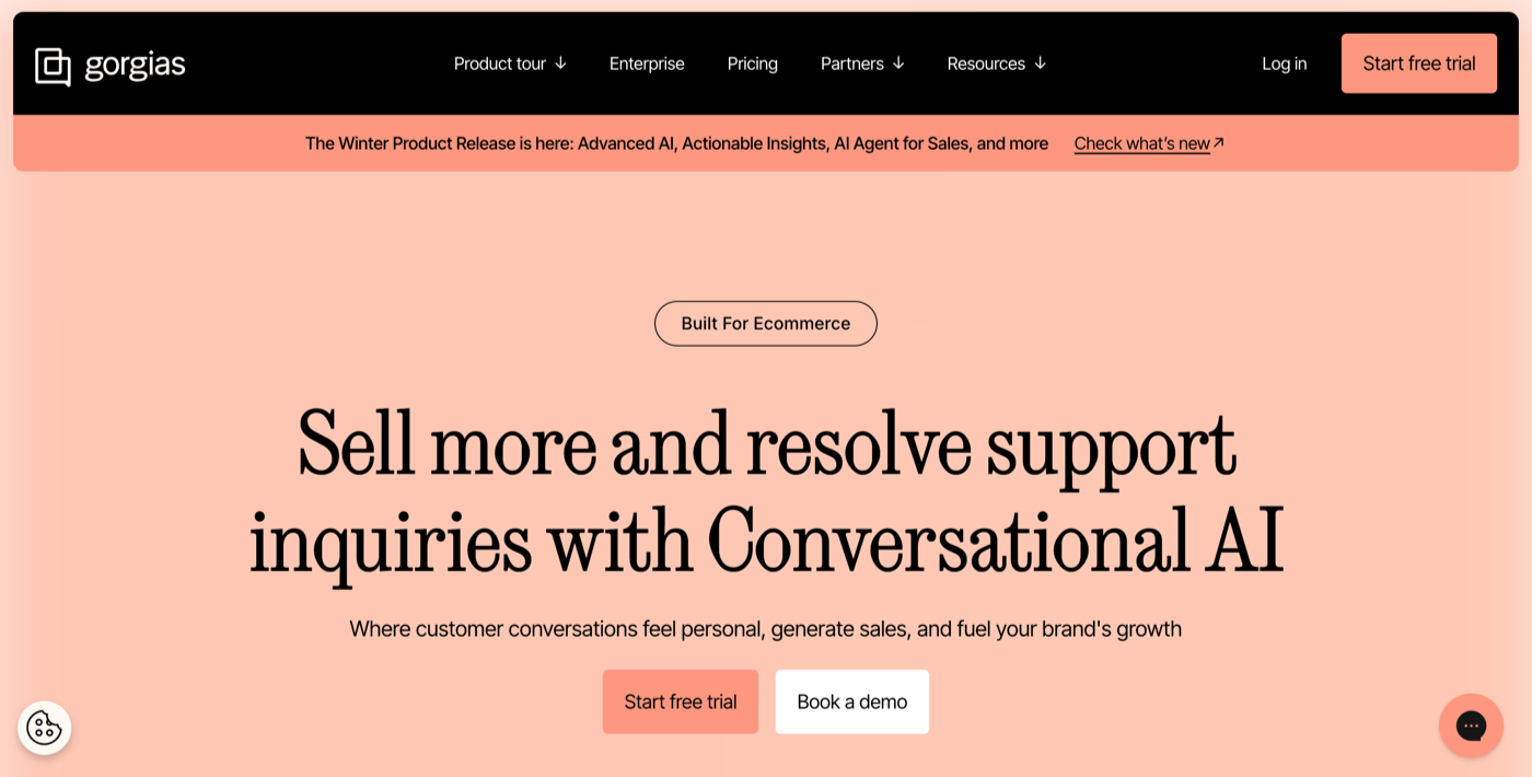 gorgias homepage with the words sell more and resolve support inquiries with conversational AI