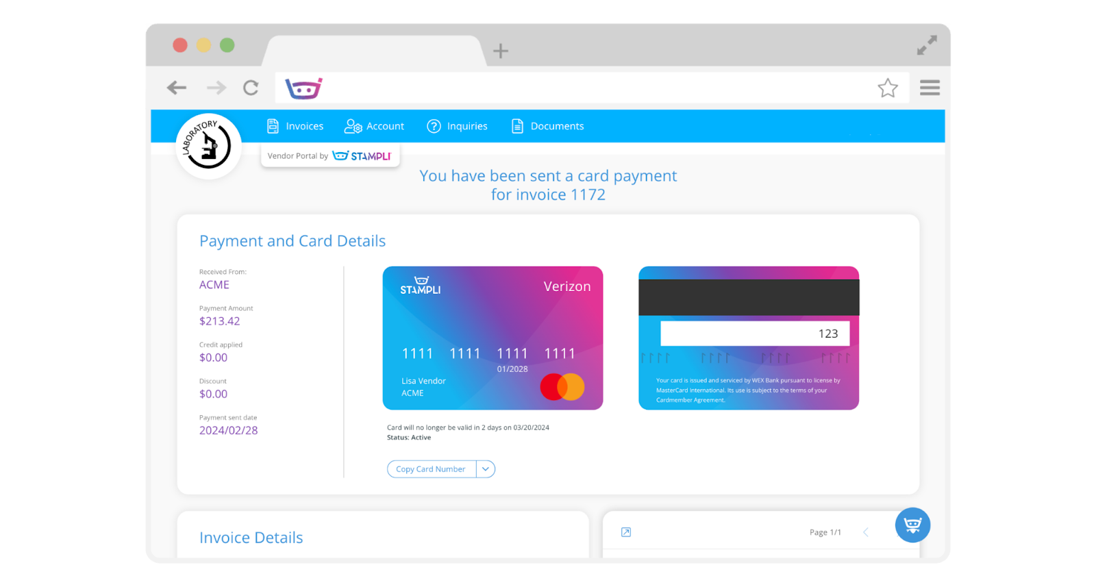 Screenshot of an example Stampli debit card with payment and card details listed