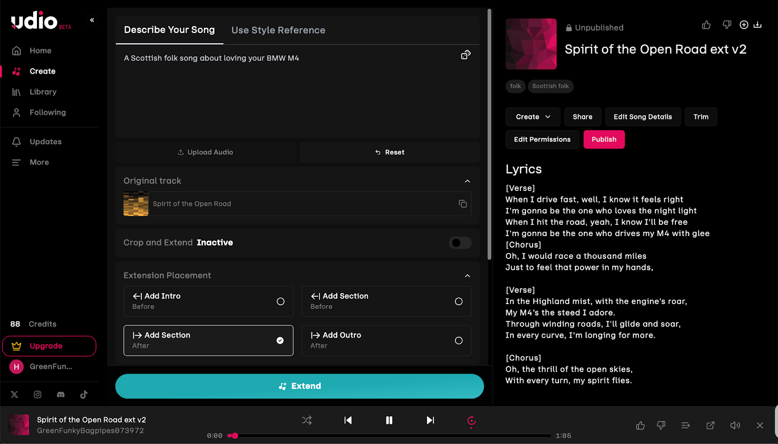 Udio interface showing an AI-generated Scottish folk song about loving your BMW M4