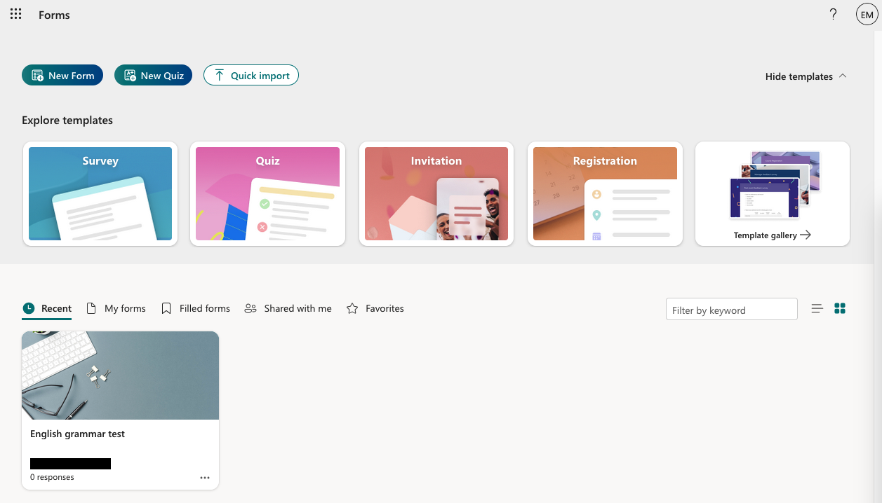 Microsoft Forms Home Page