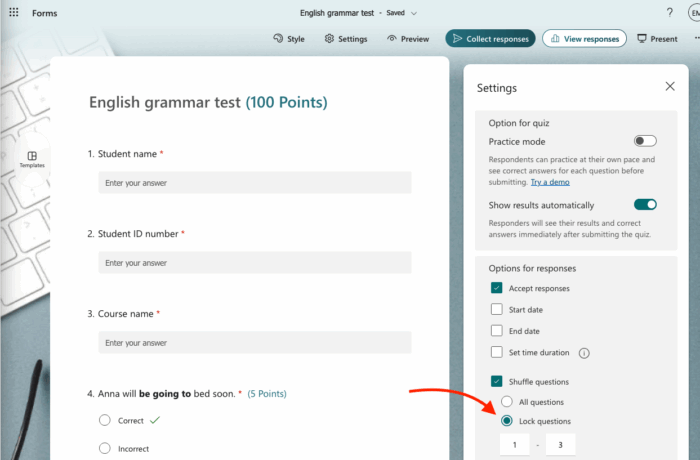 Microsoft Forms Lock Questions Button