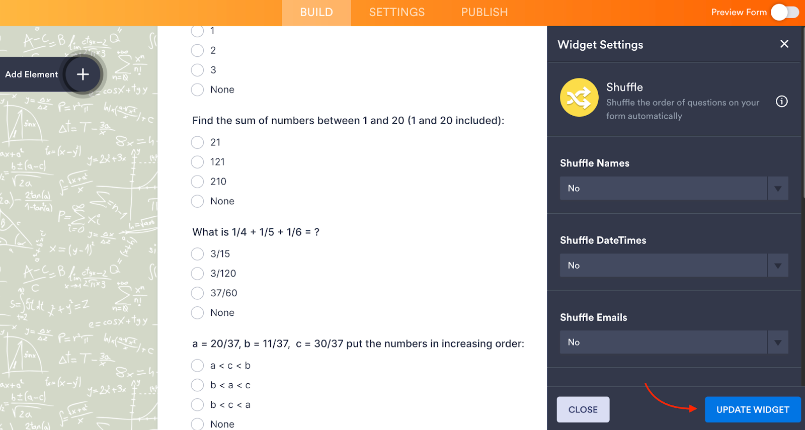 Form Builder Widget Settings Update Widget