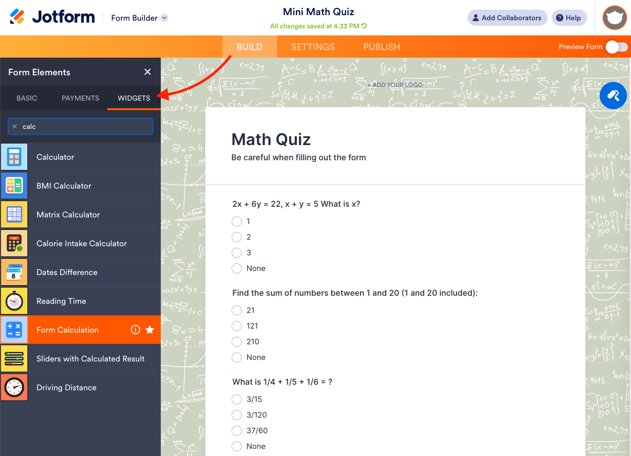 Form Elements Widgets Tab