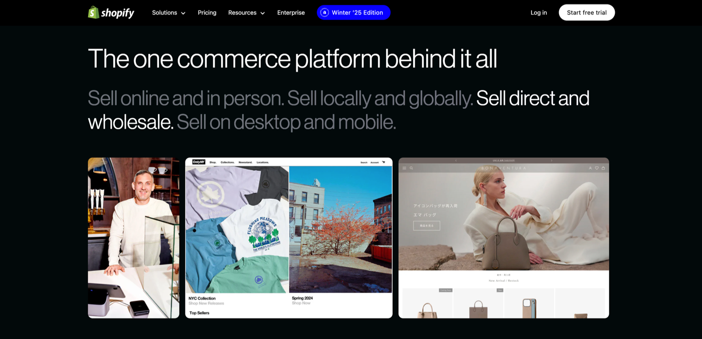 shopify homepage with the words the one commerce platform behind it all