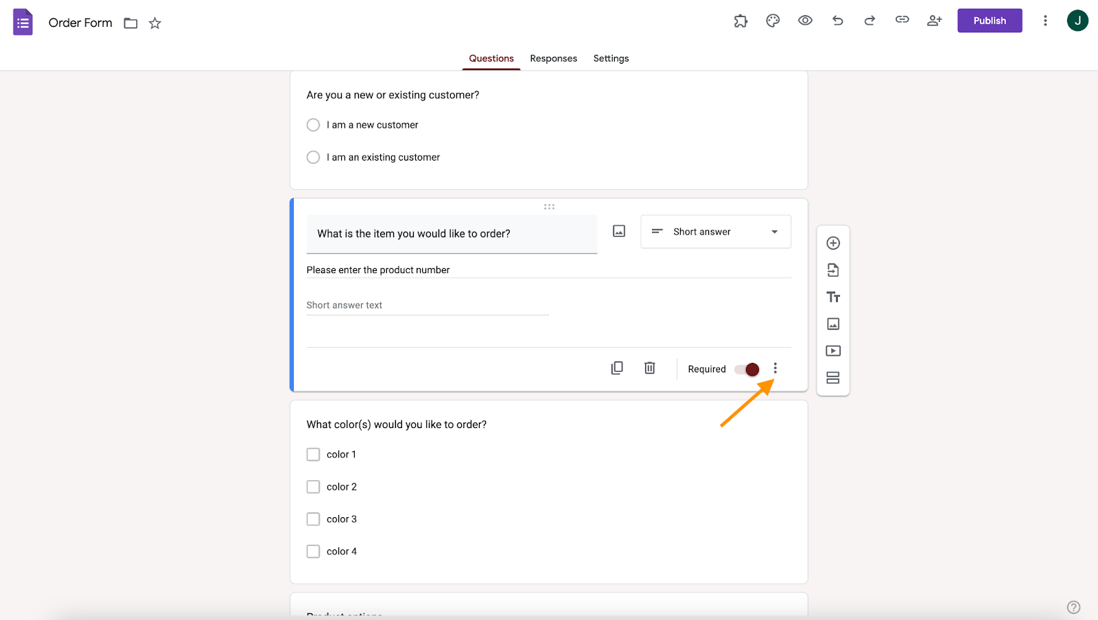 Google Forms interface showing a question selected and an arrow pointing to the three dots icon indicating additional options