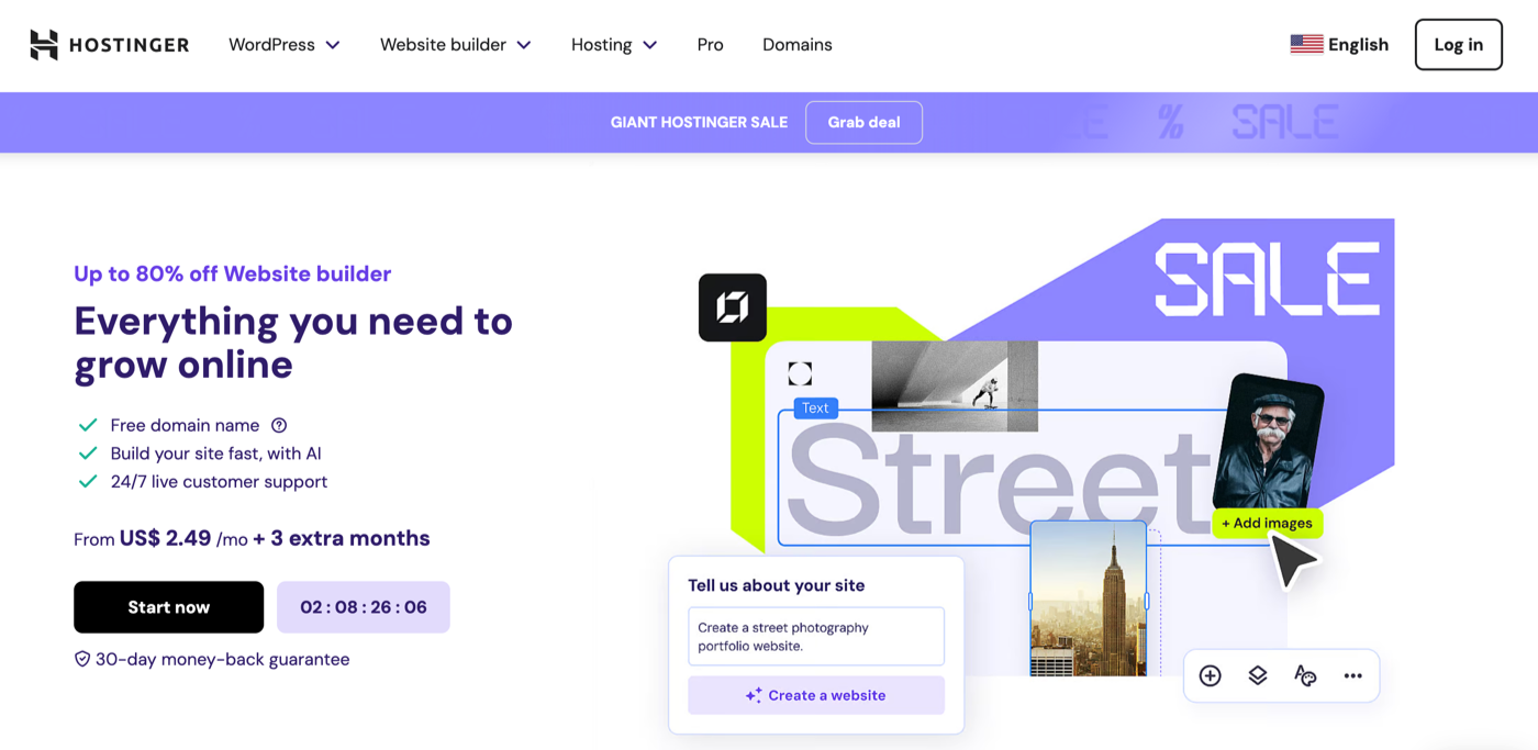 hostinger homepage with the words everything you need to grow online