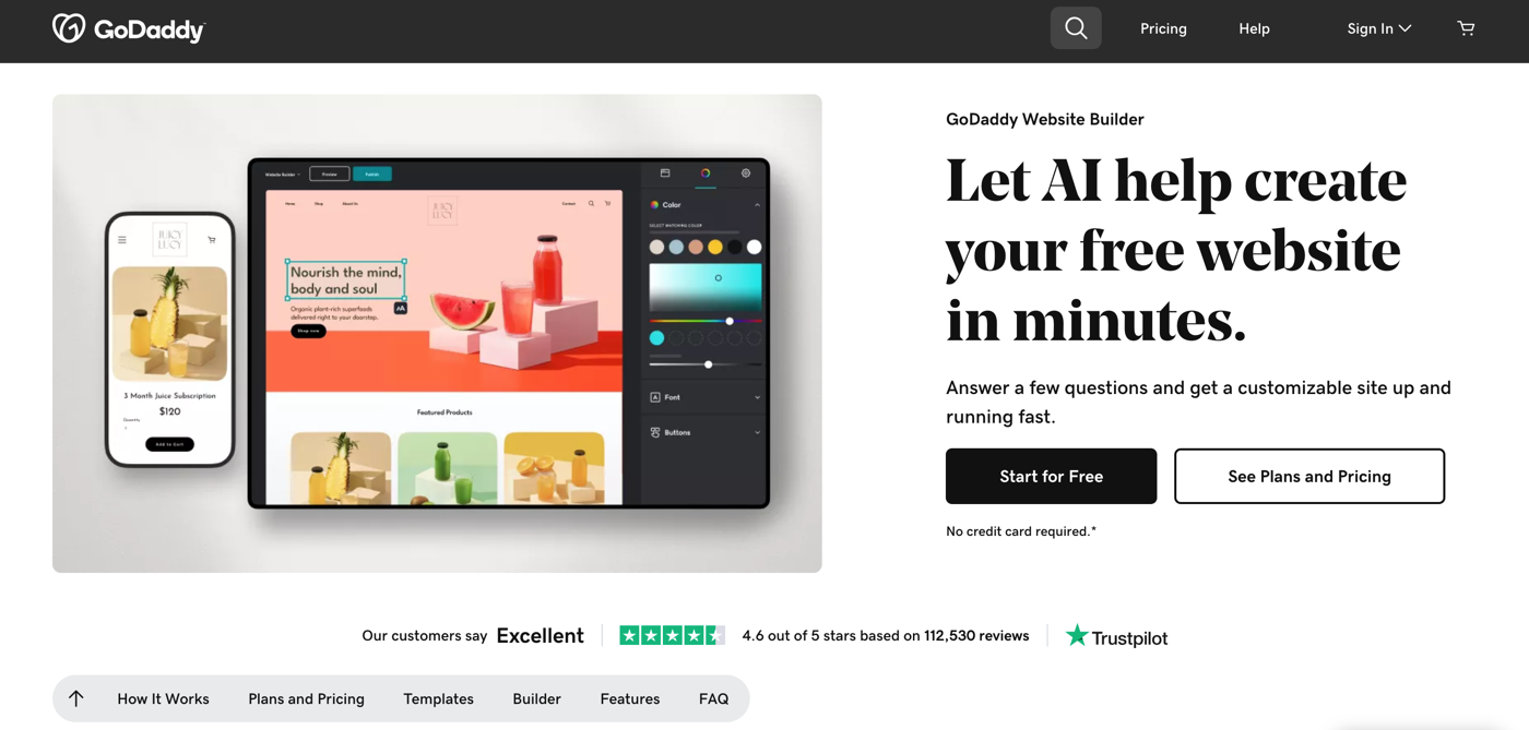go daddy homepage let AI help create your free website in minutes