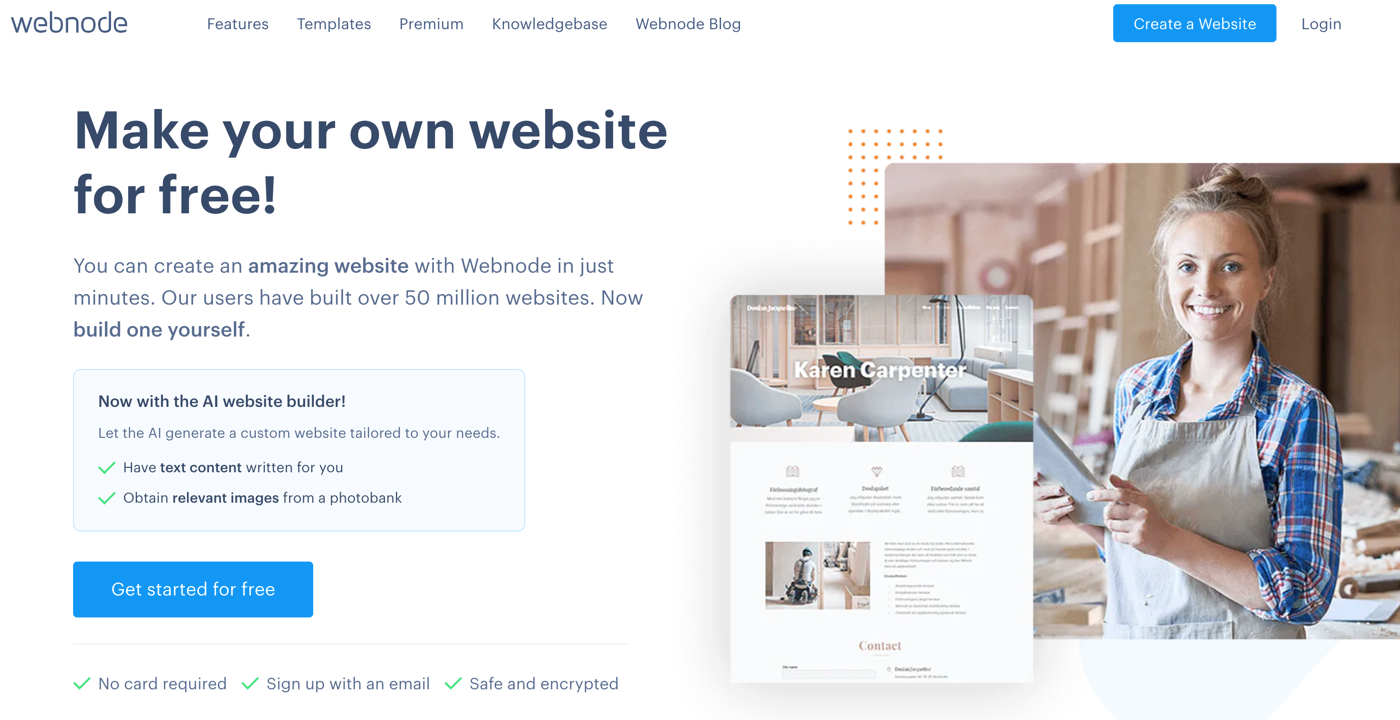 Capture d'écran de la page d'accueil webnode