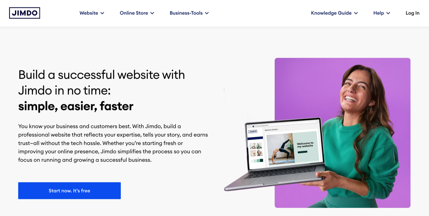 jimdo homepage with the words build a successful website with Jimdo in no time simple easier faster