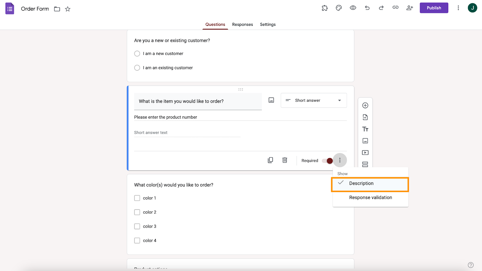 Google Forms interface showing the additional options with "Description" highlighted and a tick