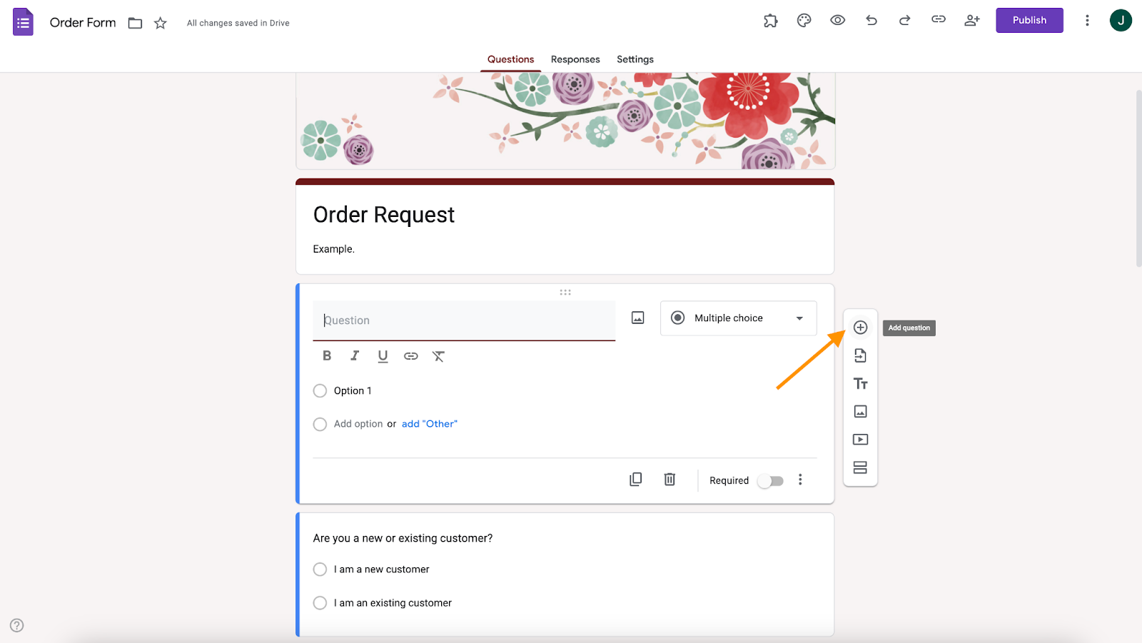 google forms order request form adding title and questions