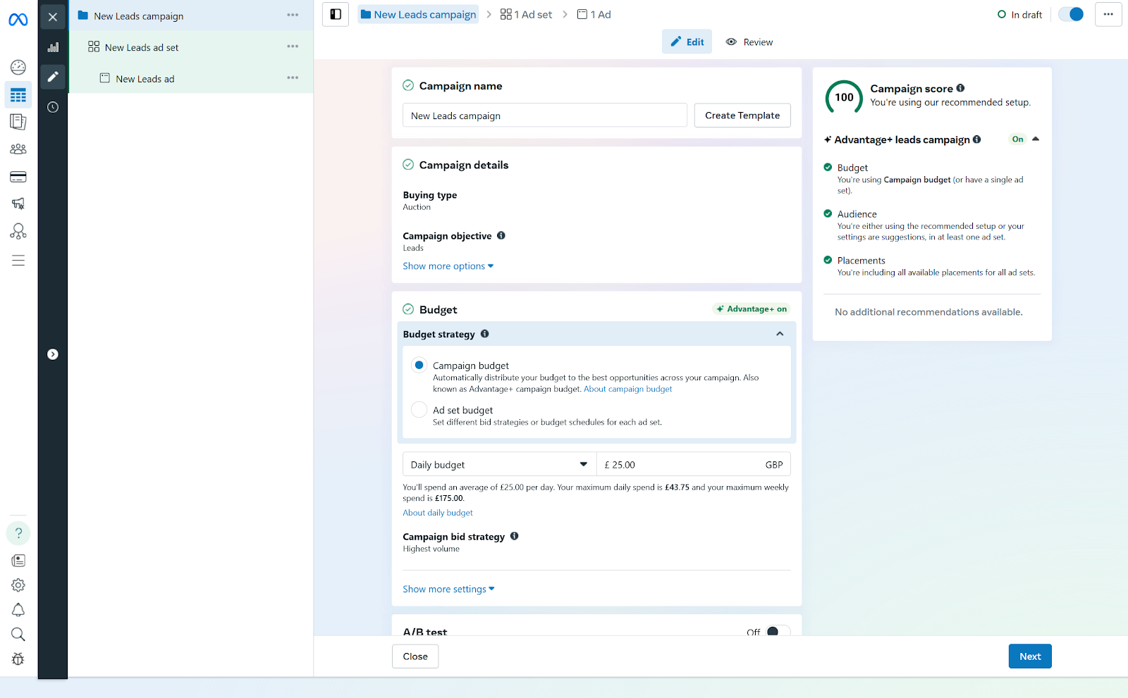 Meta Ads example campaign dashboard