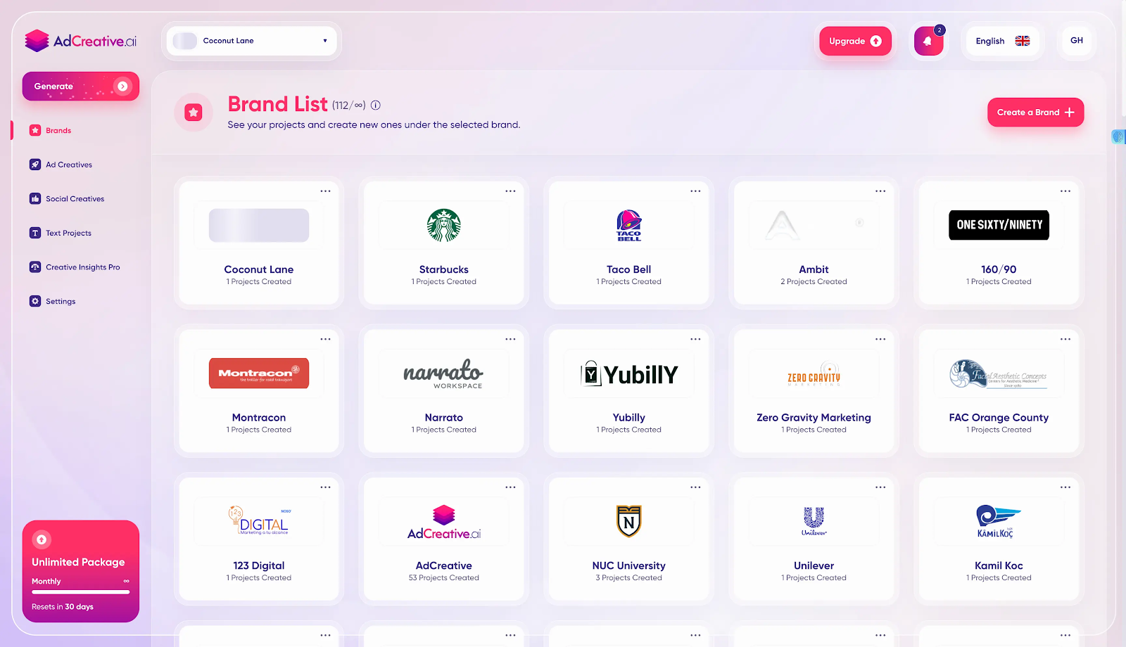 AdCreative's dashboard showing the page "Brand List"