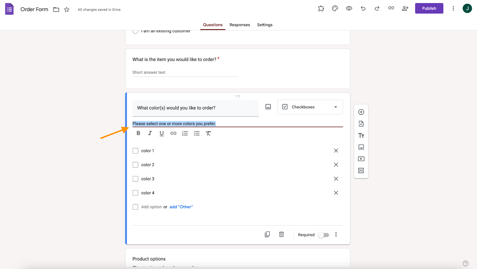 Google Forms interface with an arrow pointing to the description field