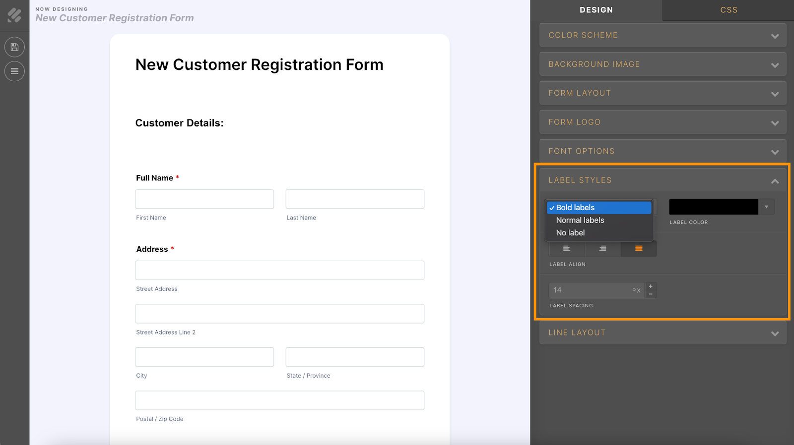 choose and customize label styles using the Advanced Designer in Jotform's Form Builder