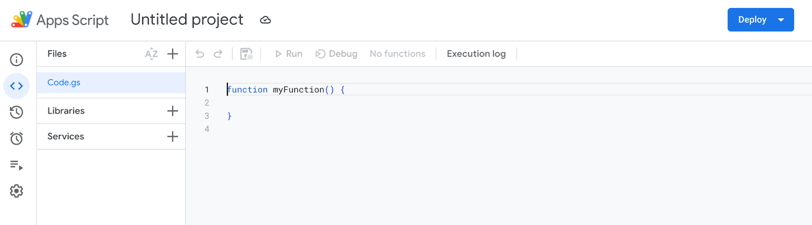 Google Apps Script interface with the start of an example script