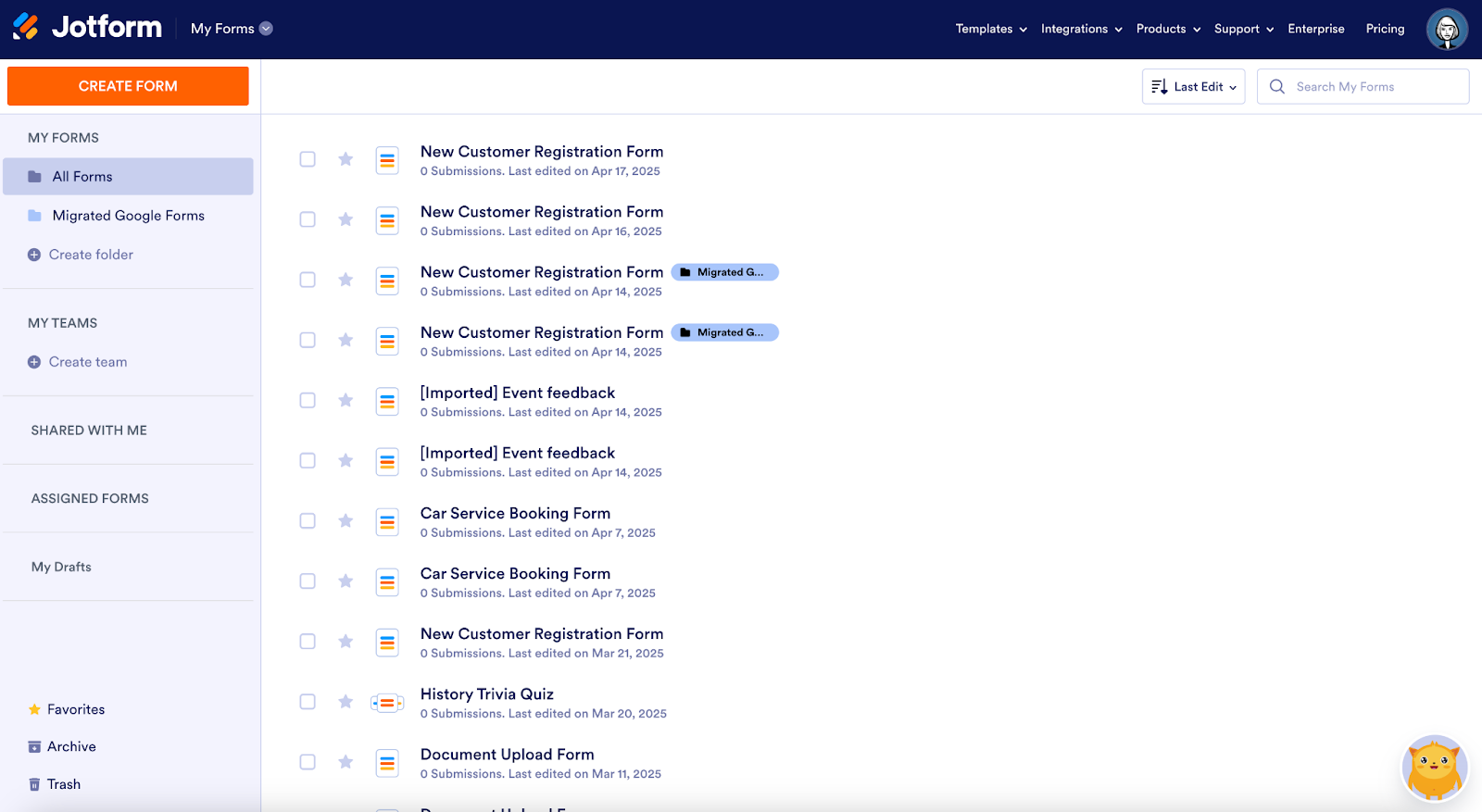 Jotform interface showing options to create a new form as well as a list of existing forms