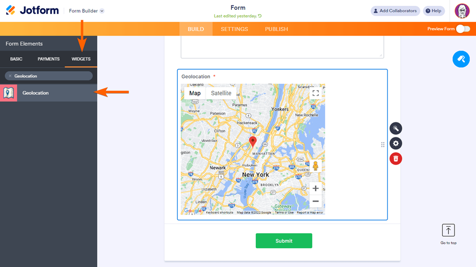 Jotform Form Builder interface with arrows pointing to the "Widgets" tab and the "Geolocation widget