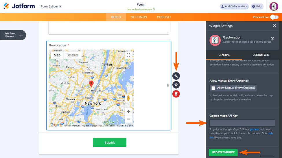Jotform Form Builder interface with arrows pointing to the "Widget Settings" button, "Google Maps API Key" field, and "Update Widget" button