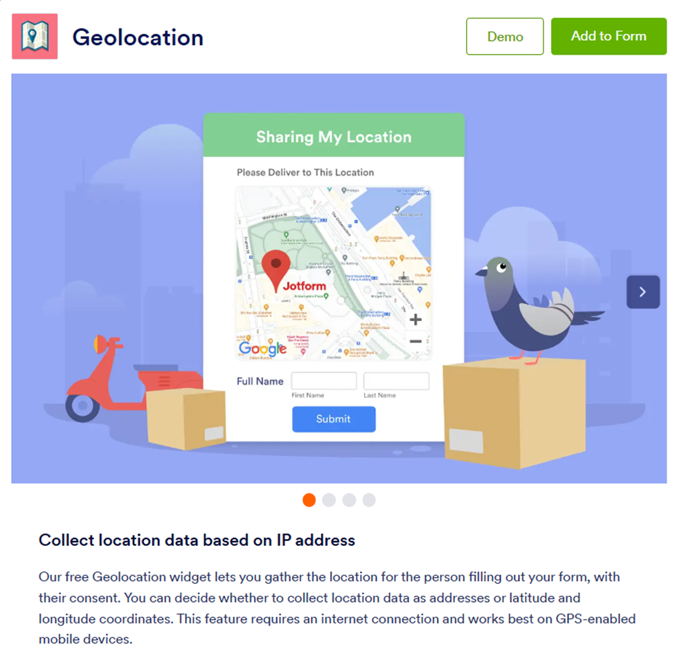 Jotform webpage displaying information about its free geolocation widget