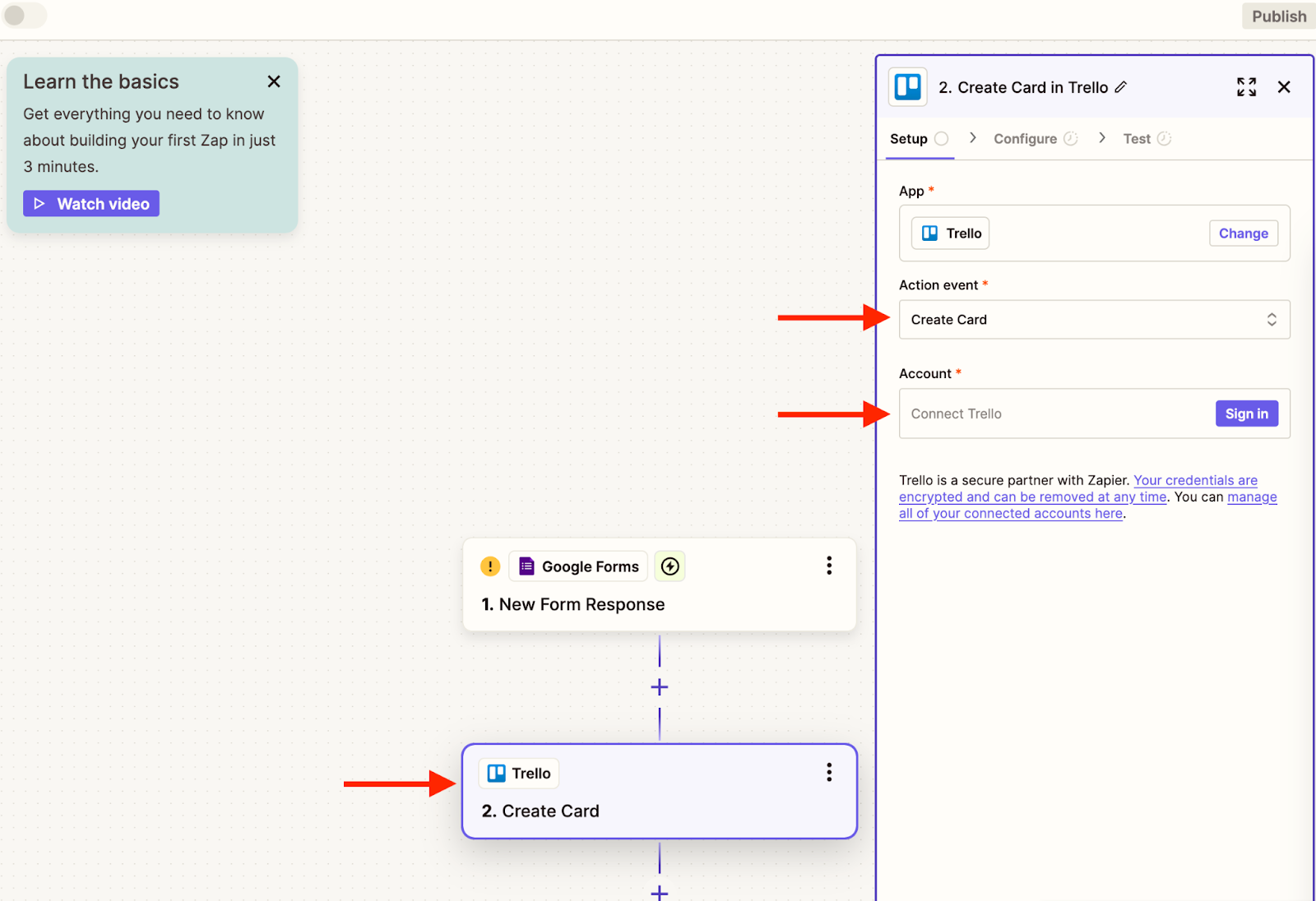 Zapier interface with arrows pointing to "Trello" as the action app, "Create Card" as the action event, and the field where you can sign in to a Trello account to connect the platform