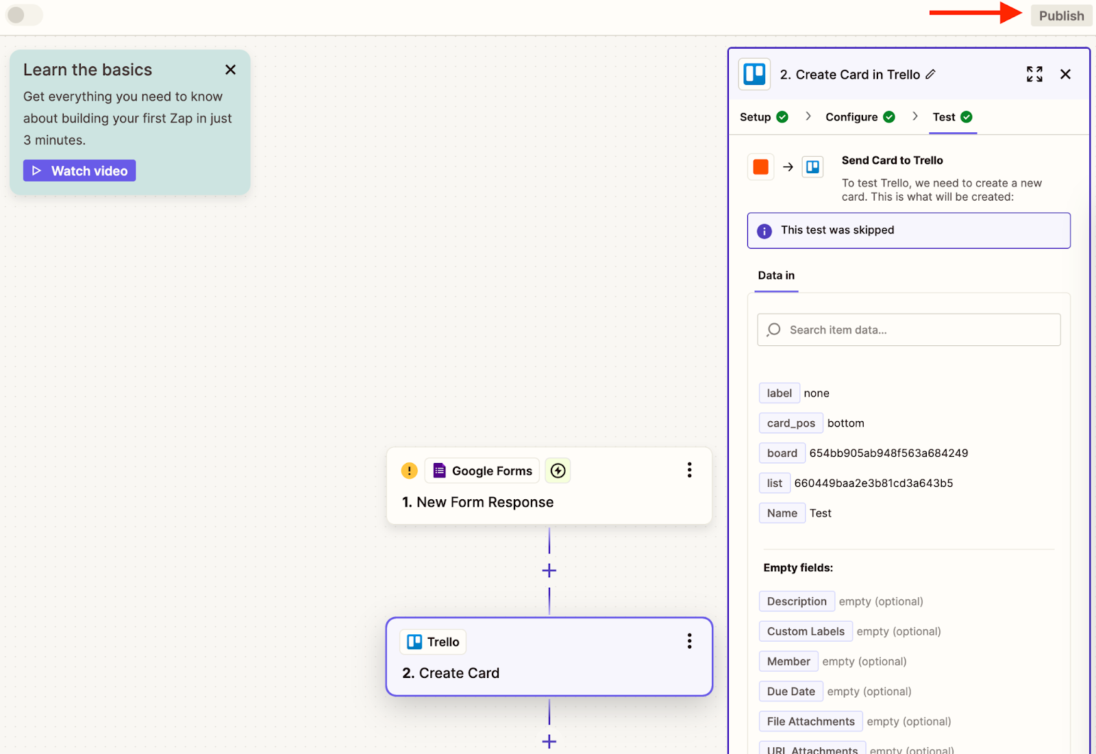 Zapier interface showing the test screen and an arrow pointing to the "Publish" button