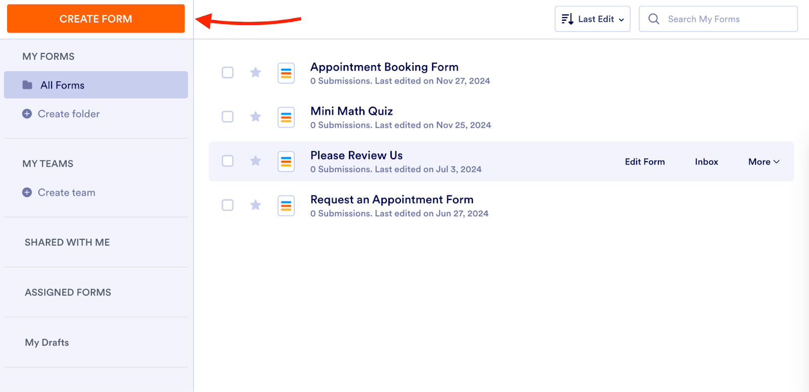 Jotform interface with an arrow pointing to the "Create Form" button on the left-hand side of the screen