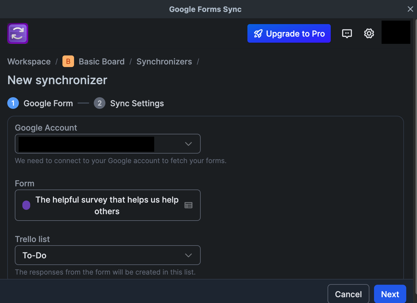 Google Forms Sync screen showing a selected Google account, form, and Trello list