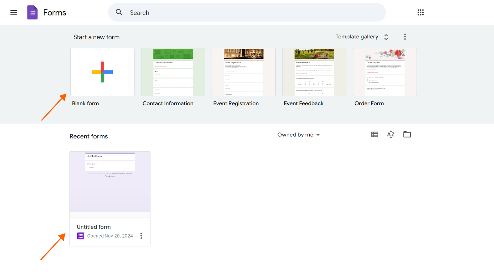 Viewing the Start a new form from a Blank form and by clicking to an existing form on Google Forms