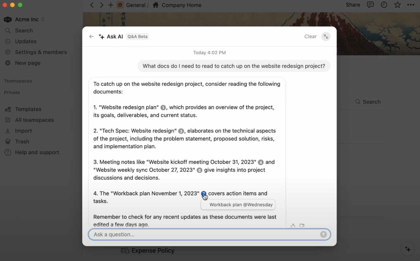 Screenshot von Notion AI zeigt den Q&A Beta-Chat zwischen dem Produkt und Nutzer 