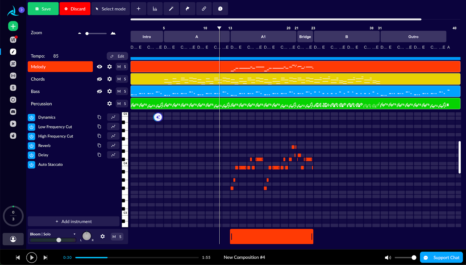 AIVA interface showing an AI-generated song split into melody, chords, bass, and percussion