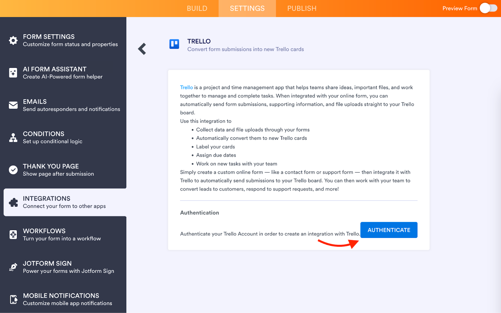Jotform interface with a description of the Trello app integration and an arrow pointing to the "Authenticate" button