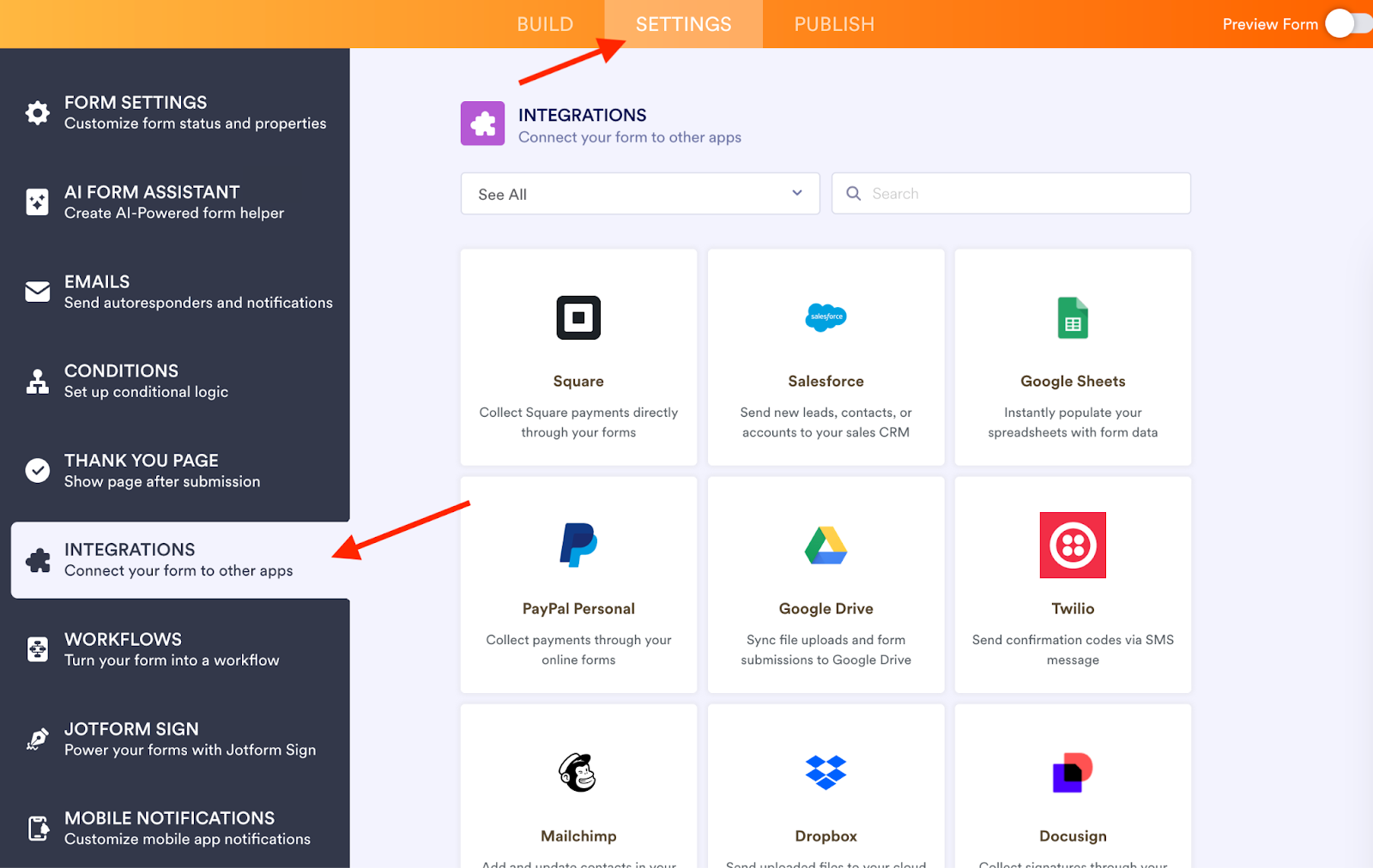 Jotform interface with arrows pointing to the "Settings" tab on the top of the screen and "Integrations" on the left-hand menu