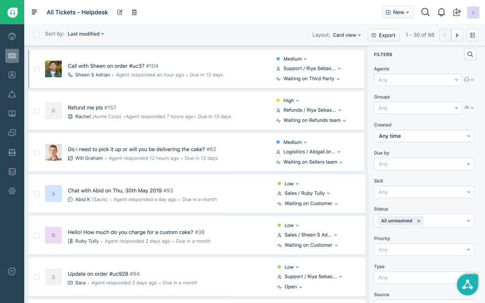 Freshdesk user interface showing tickets in card view
