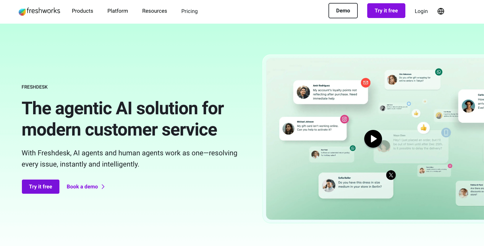 freshdesk website homepage with the words the agentic AI solution for modern customer service
