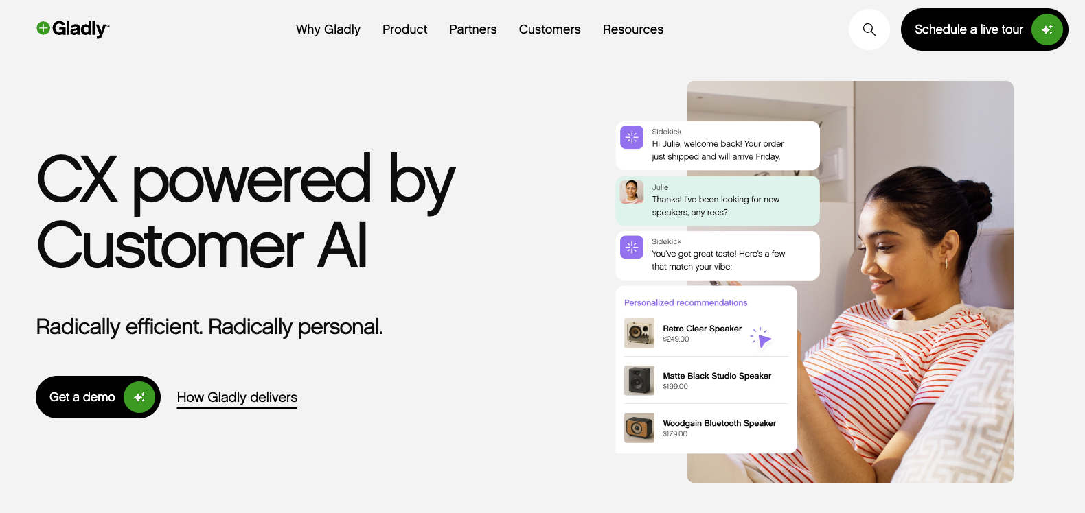 gladly homepage with the words CX powered by customer AI